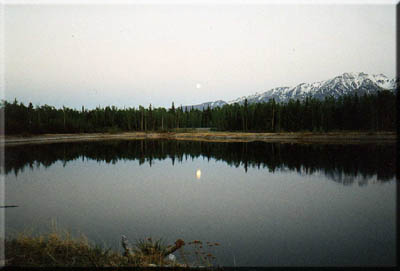 Perfect Alaska scenery: The moon sets.