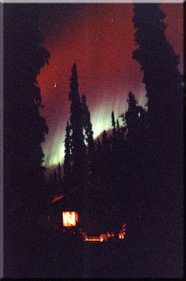Like poetry in motion, the northern lights above a log cabin